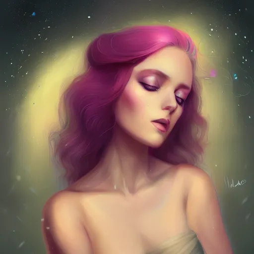 Prompt: portrait of a woman inspired by lois van baarle, charlie bowater, anna dittmann, illustration, iridescent, iridescent hair, face, hair styles, goth makeup, glitter, self confidence, cinematic 8 k