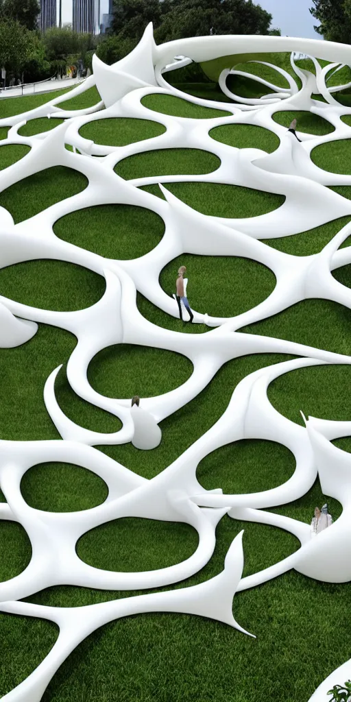 Prompt: elegant white art 3 d printed parametric installation with playful surreal tall lemon groves, urban playground, fluidity, vincent callebaut, mamou - mani, voronoi pavilion with white magnolia above