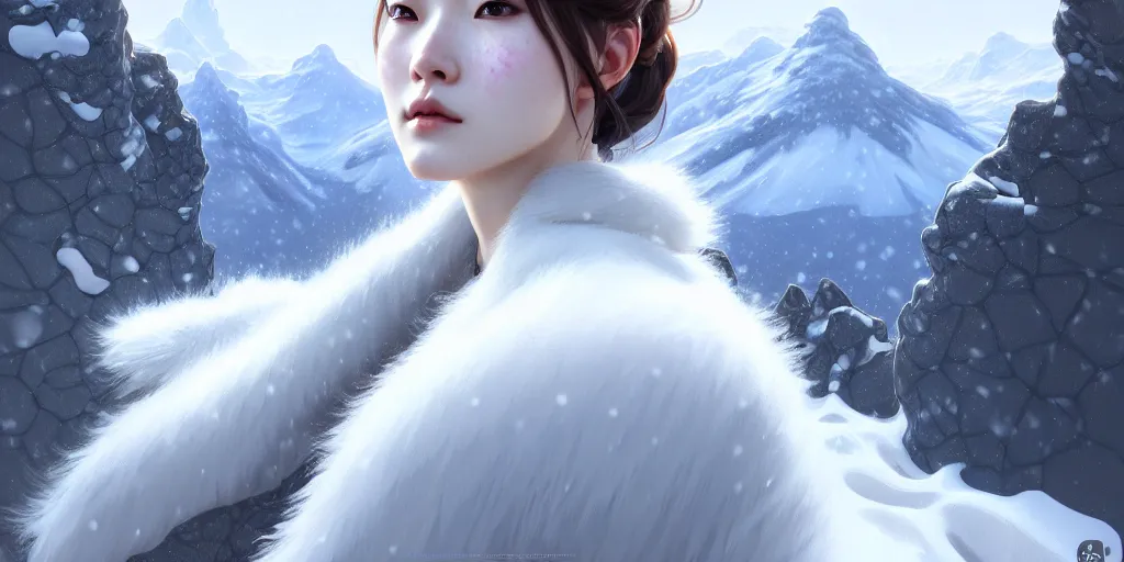 Prompt: beautiful digital painting of a hoyeon jung stylish female snow - covered mountains with high detail, real life skin, freckles, 8 k, stunning detail, works by artgerm, greg rutkowski and alphonse mucha, unreal engine 5, 4 k uhd