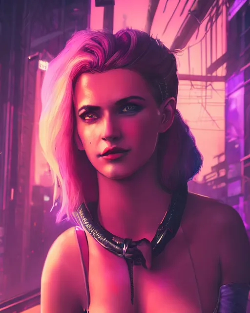 Image similar to photo of a woman by CD Projekt Red and Prywinko and gantzu, cyberpunk, vaporwave, Halter-top, face, cute, shaded lighting, beautiful, realistic, perfect, extremely detailed, deviantart, artstation, 4k, 8k, Cyberpunk 2077, Blade Runner