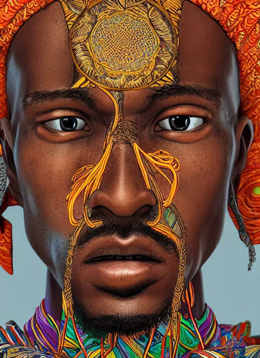 Image similar to closeup portrait of east african man, an ultrafine detailed illustration by james jean, intricate linework, bright colors, final fantasy, behance contest winner, vanitas, angular, altermodern, unreal engine 5 highly rendered, global illumination, radiant light, detailed and intricate environment