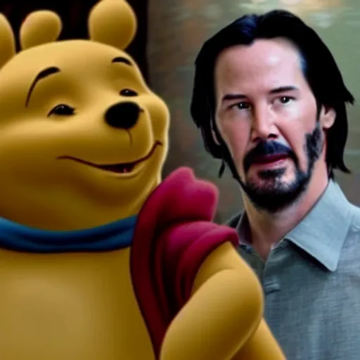 Image similar to A still of Keanu Reeves as Winnie the Pooh