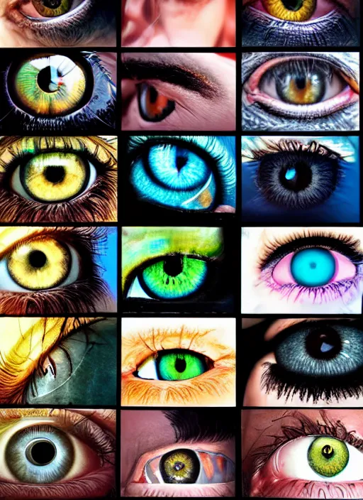 Image similar to grid montage of eyes, detailed colored textures, eyelashes, advanced art, art styles mix, from wikipedia, wet relections in eyes, sunshine, hd macro photograph, from side, various eye shapes, spherical black pupil