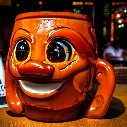 Prompt: a closeup photorealistic photograph of a glossy orange cat garfield style tiki mug sitting at a trader vic's beach bar featuring garfield's face. tiki theme. bright scene. fine detail. this 4 k hd image is trending on artstation, featured on behance, well - rendered, extra crisp, features intricate detail, epic composition and the style of unreal engine.