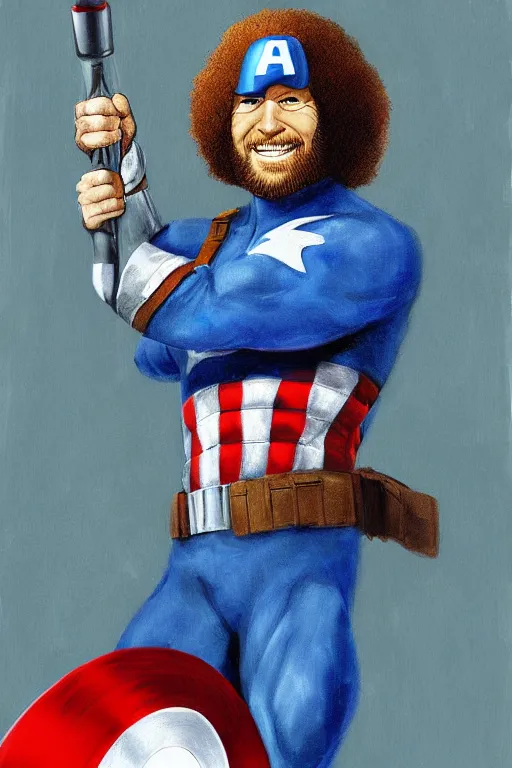 Prompt: Bob Ross as Captain America, digital painting
