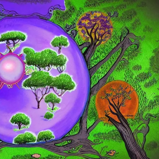 Prompt: a map of a world with trees, large eyes, purple swamps, a nuclear explosion, violet sunrises, and scientific computer components everywhere