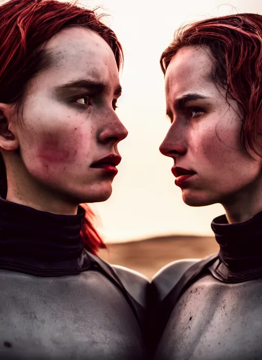 Image similar to cinestill 5 0 d photographic portrait of two sultry loving female androids wearing rugged black techwear on a desolate plain with a red sky, extreme closeup, cyberpunk style, garters, dust storm, 8 k, hd, high resolution, 3 5 mm, f / 3 2, ultra realistic faces, ex machina