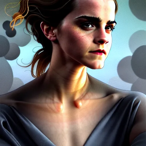 Image similar to Very funny Emma Watson looking like an old monkey, colorful painting on grey scale face, powerful , magic, thunders, dramatic lighting, intricate, wild, highly detailed, digital painting, artstation, concept art, smooth, sharp focus, illustration, art by artgerm and greg rutkowski and alphonse mucha, footage