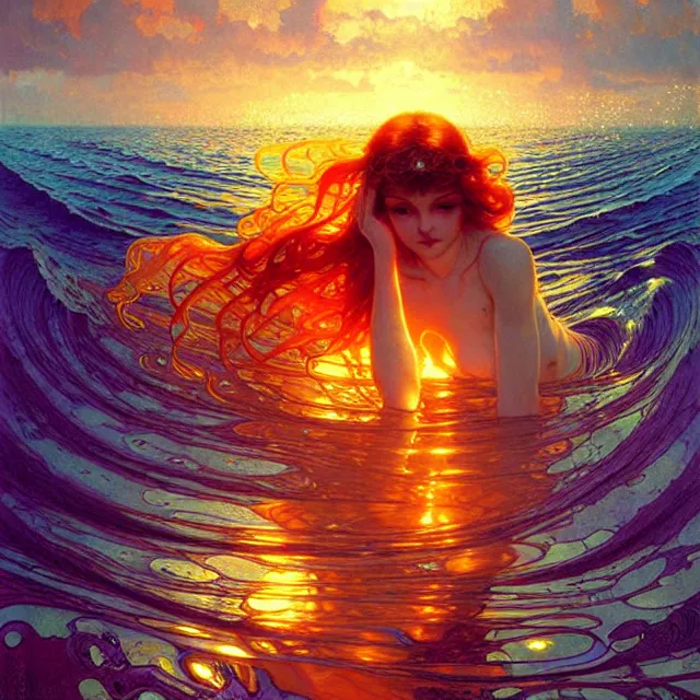 Image similar to mind bending ocean waves of glossy liquid honey drops flowing like psychedelic translucent amber, lsd waves, lsd ripples, backlit, sunset, refracted lighting, art by collier, albert aublet, krenz cushart, artem demura, alphonse mucha