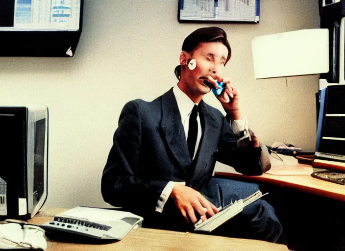 Prompt: color photo. stock market. handsome photomodel sitting by his 8 0's computer in the 8 0's