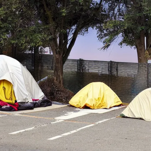 Prompt: homeless person luxury encampment