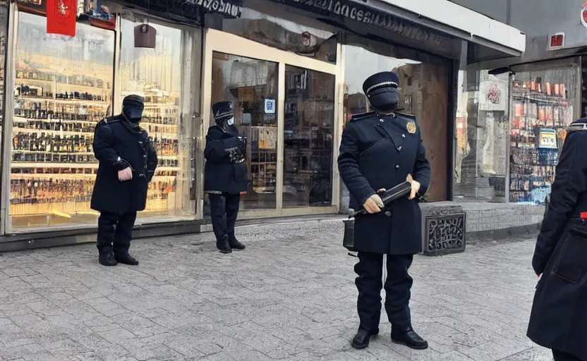 Prompt: Photo of Russian robot cop in Moscow guarding a vodka store, with babushkas in the background