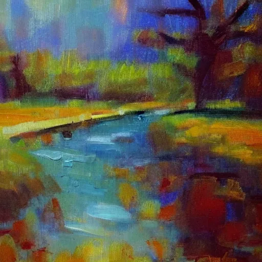 Image similar to a beautiful impressionist painting of a winding river, oils on canvas