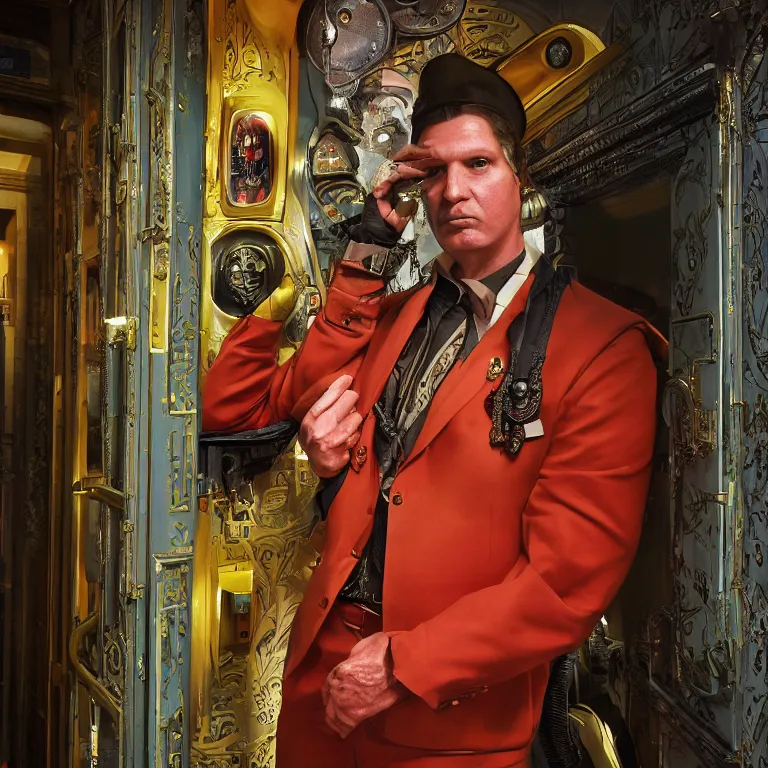 Prompt: professional octane render portrait by wayne barlow and carlo crivelli and glenn fabry, a flamboyant man in a bright colorful saturated wes anderson elevator operator costume inside a dark and moody vintage elevator in a high - end exotic vintage boutique hotel, very short depth of field, bokeh, gears of war