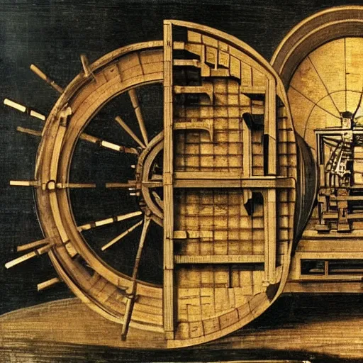 Image similar to painting of leonardo davinci building fusion reactor prototype by using wood and metal plates in italy at year 1 4 7 8.