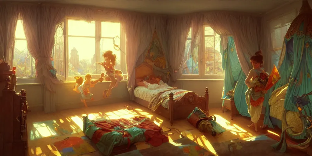 Prompt: kids bedroom 1 9 9 0 s, highly detailed, digital painting, artstation, concept art, matte, sharp focus, illustration, art by artgerm and greg rutkowski and alphonse mucha