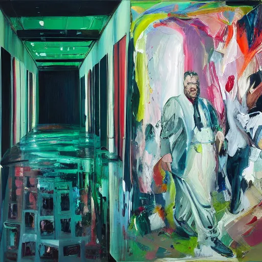 Prompt: _ in _ these _ paintings _ we _ see _ a _ big _ man _ who _ seem _ to _ be _ walking _ in _ circles in an empty void space, 4 k, in the style of ben quilty, hyper realism, minimal green and pink palette, medium shot, oil paint with thick brushstrokes of paint, impasto, detailed,