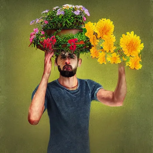 Image similar to man pouring water on head, flowers are in a pot on his head, the pot is part of his head, high detail, 8K digital art