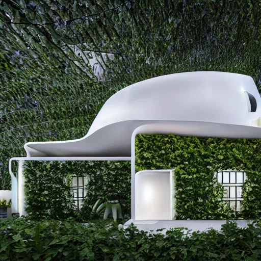 Image similar to white futuristic mage house covered in plants, hanging vines, floating on a cloud