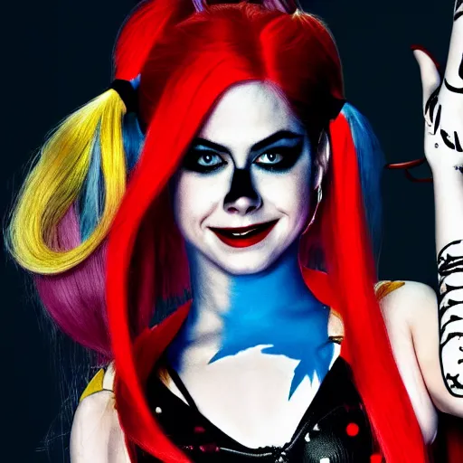 Image similar to an potrait of Avril Lavigne play Harley Quinn, 4k
