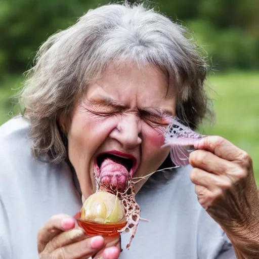 Prompt: an old woman happily swallowing a spider,