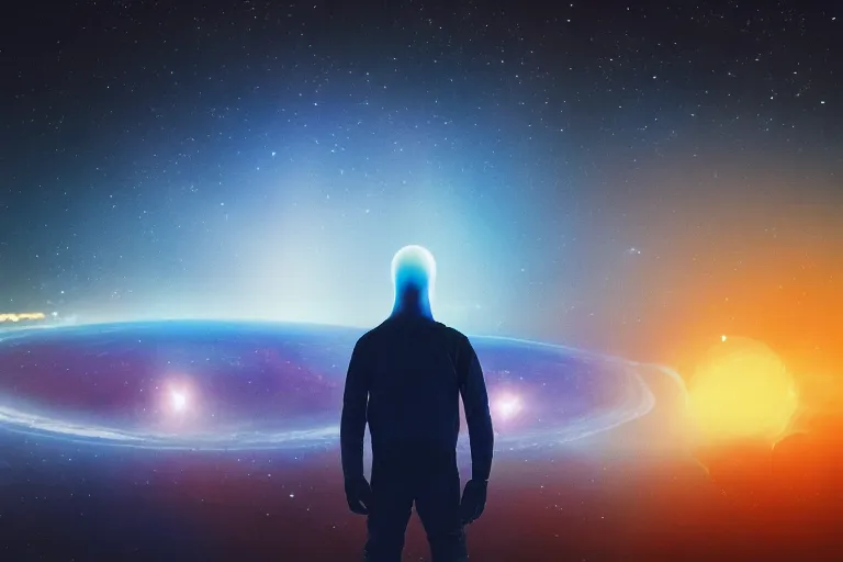 Prompt: a blue alien, faceless, standing on the planet looking at Armageddon, 38 mm, the background is cosmic, high quality, golden ratio, synthwave
