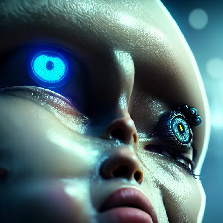 Image similar to ultra realistic beautiful cyborg deity eyes closed, fantasy, intricate details, movie still, highly detailed, photorealistic, octane render, eerie, 8k