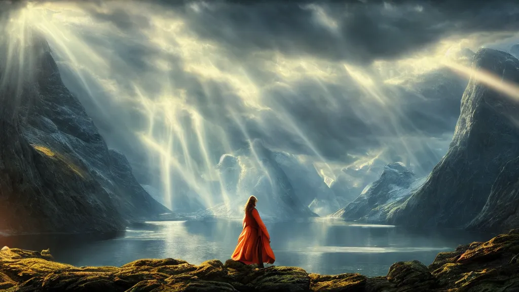 Image similar to wizard, norway fjord, natalie portman, hudson river school, max rive, royal dress, f 1 6, bokeh, gentle, female, snowy, storm clouds, god rays, close up portrait, d & d, fantasy, elegant, teal orange color palette, concept art, roger deakins and greg rutkowski and alphonse mucha