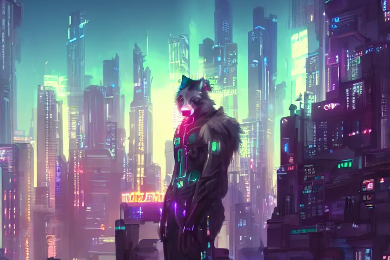Image similar to a transhuman wolf in a cyberpunk city, trending on artstation, by kawacy, neon backlighting, furry art