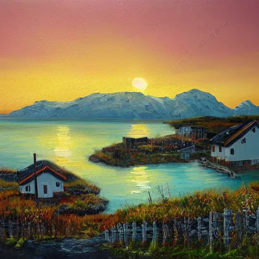 Image similar to overgrown norwegian village at the coast, sunset, arctic, beautiful, oil painting