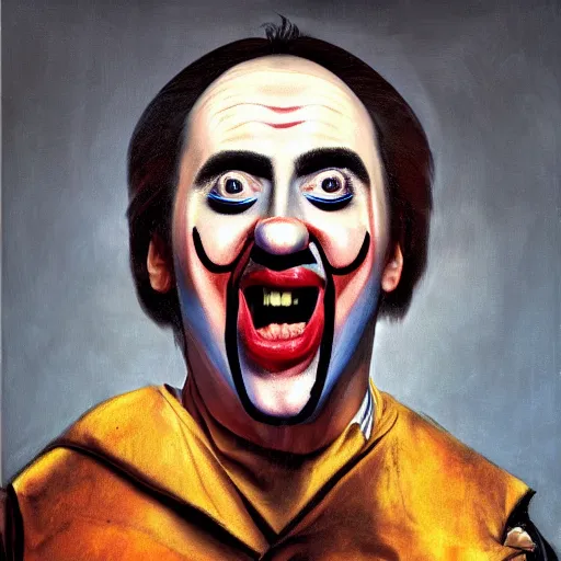 Image similar to detailing character concept portrait of Nicholas Cage acting as a clown by Caravaggio, on simple background, oil painting, middle close up composition, hyper realistic