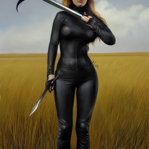 Image similar to a painting of woman wearing black skintight clothes holding a sword standing in a field, painting by mark brooks, trending on artstation, artstationHD, artsationHQ