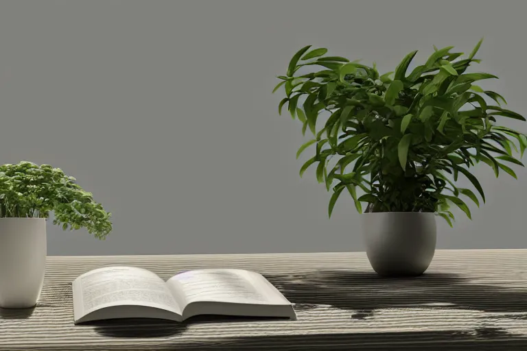 Image similar to a small miniature of a Peugeot 309 Vital on a white table near a book and a vase with a plant, 3d render, unreal engine 5, octane render, 4k, low contrast, path tracing, serene landscape, calm, relaxing, beautiful landscape, highly detailed, high quality, product photo, hyperrealistic, concept art, symmetrical
