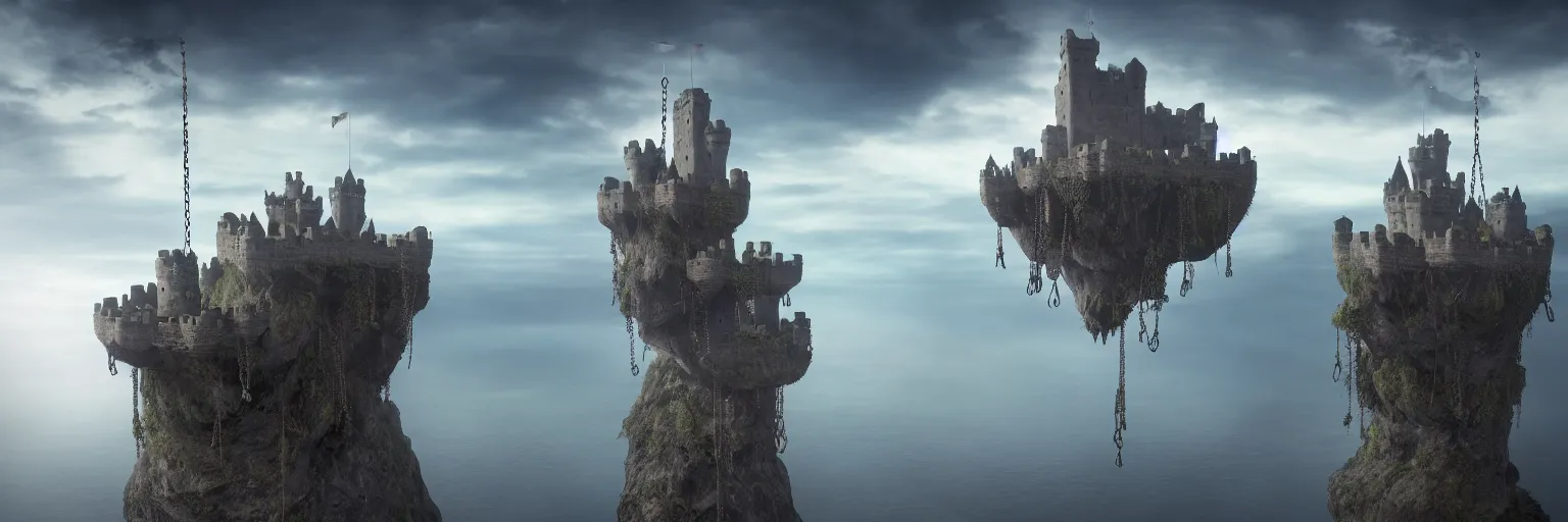 Prompt: frontal photo of floating castle hanging by chains in the air, in between a gorge, below only cloud dark void, 8k resolution, octane,