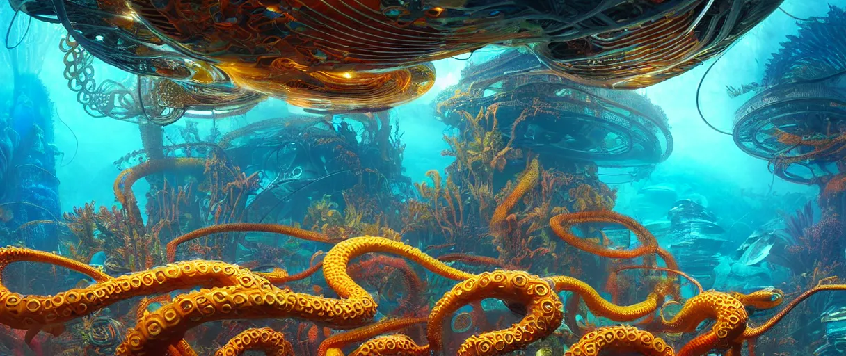 Image similar to hyperrealistic ornate underwater bio-synthetic city of atlantis on giant orange and yellow cyborg tentacles matte painting concept art alex grey hajime sorayama cinematic soft red lighting low angle hd 8k sharp shallow depth of field