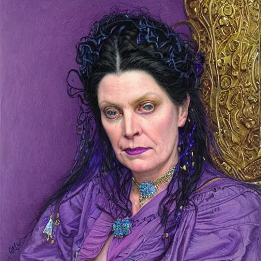 Image similar to portrait of a purple witch with golden embroidery, by donato giancola.