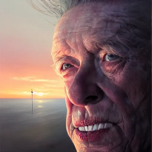 Image similar to portrait of elderly mickey rourke, sunset, gorgeous view, depth, painted by seb mckinnon, high detail, digital art, painted by greg rutkowski, trending on artstation