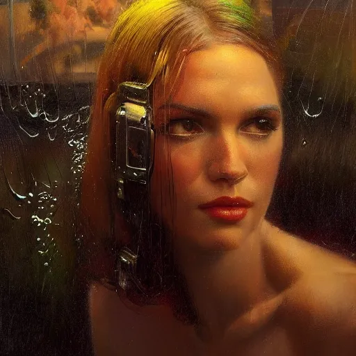 Image similar to detailed face of a woman clothed wrapped in textiles, lush, opulent, fauna, utopian, tech noir, wet reflections, prism, atmospheric, ambient, pj crook, syd mead, livia prima, artgerm, greg rutkowski, nick alm, casey baugh