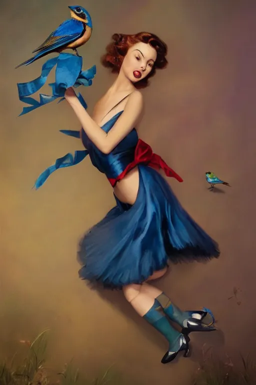 Image similar to hyper realistic painting, tasteful pinup girl holding an indigo bunting, bird, the bird is wearing a bowtie, by greg rutkowski, rossdraws, gil elvgren, enoch bolles, anime, porcelain skin, very coherent