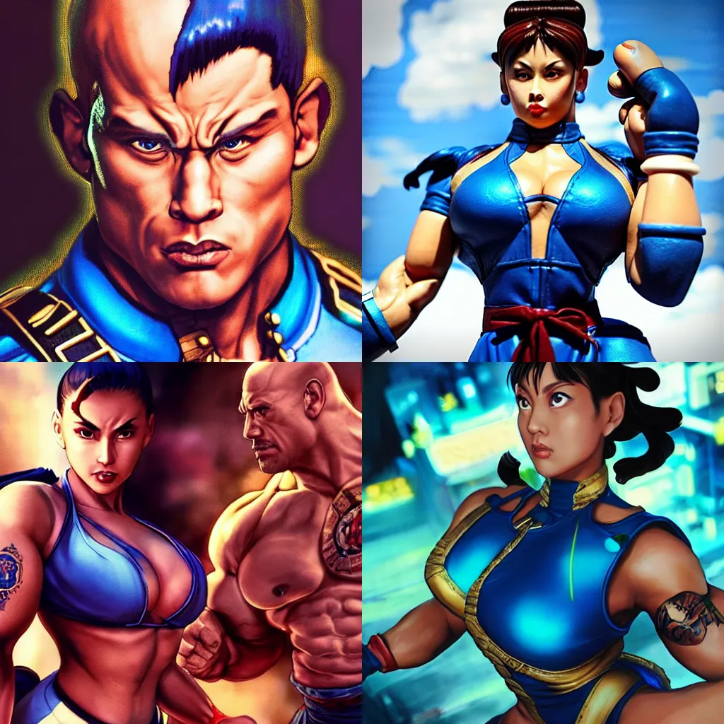 Prompt: street fighter chun li with dwayne johnson's face reminiscent of dwayne johnson, face as of dwayne johnson, looks like dwayne johnson with dwayne johnson's face and dwayne johnson's head, blue female outfit, intricate, epic lighting, cinematic composition, hyper realistic, 8k resolution, unreal engine 5, by Artgerm, tooth wu, dan mumford, beeple, wlop, rossdraws, James Jean, Andrei Riabovitchev, Marc Simonetti, yoshitaka Amano, Artstation