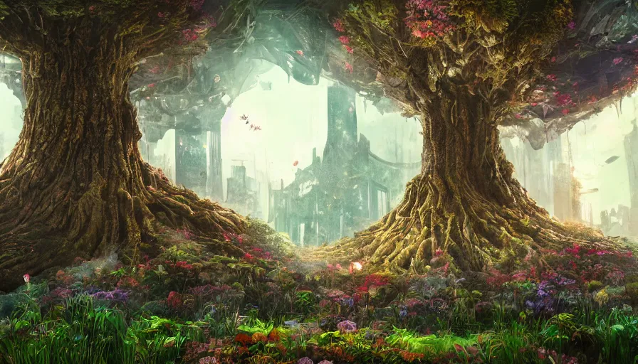 Prompt: ben lo illustration of the largest tree in the world inside rapture, bioshock concept art, solarpunk, hopeful, colorful, flowers, deity, unreal engine, hyper realism, realistic shading, cinematic composition, realistic render, octane render, detailed textures, photorealistic, wide shot