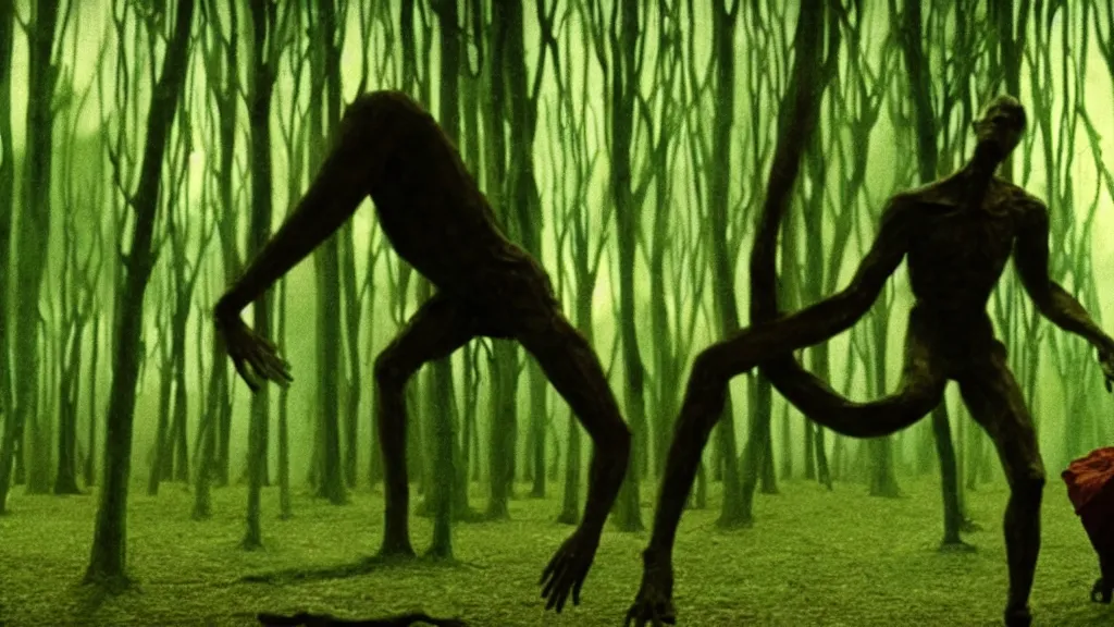 Image similar to the strange creature levitates, they told me to stay, made of Chlorophyll and blood, film still from the movie directed by Denis Villeneuve with art direction by Salvador Dalí, wide lens