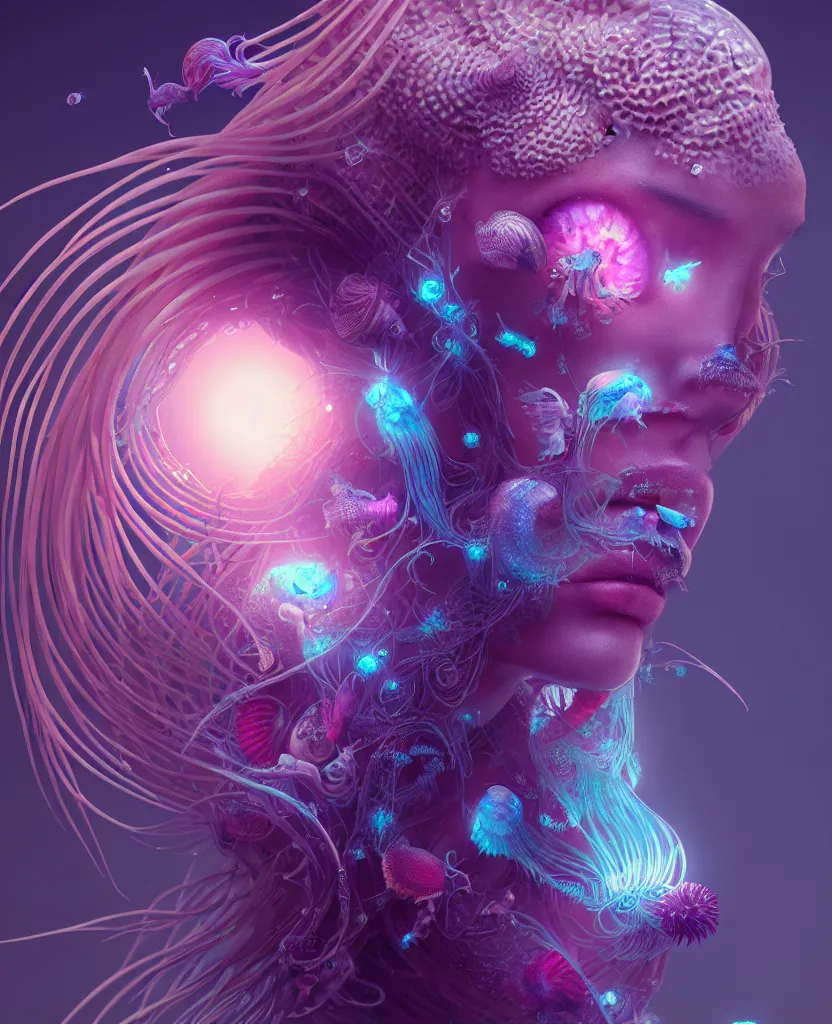 Image similar to goddess close-up portrait. orchid jellyfish phoenix head, nautilus, skull, betta fish, bioluminiscent creatures, intricate artwork by Tooth Wu and wlop and beeple. octane render, trending on artstation, greg rutkowski very coherent symmetrical artwork. cinematic, hyper realism, high detail, octane render, 8k