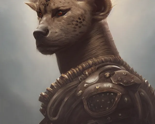 Image similar to A detailed matte oil on canvas head on symmetrical portrait of a man with the head of a hyena wearing heavy armor by Charlie bowater, Lise Deharme, Wlop, trending on artstationhd, dungeons and dragons art, critical role