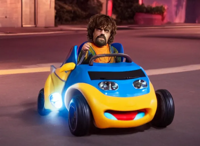 Prompt: peter dinklage driving a little tikes car at night, movie still, from the new fast and furious movie, 8 k, realistic