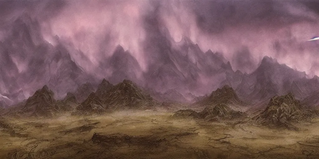 Image similar to Artwork by John Howe of the cinematic view of Xu, a dark planet of dark timberlands, windy scrublands, and mystic valleys, beneath heavy pink clouds.