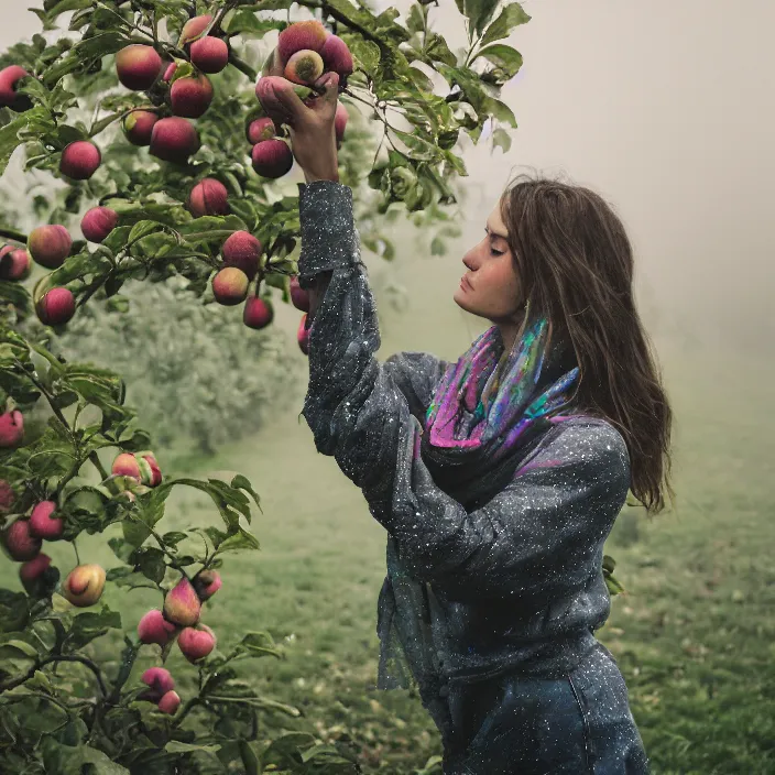 Image similar to a closeup portrait of a woman wearing a muddy iridescent holographic scarf, picking apples from a tree in an orchard, foggy, moody, photograph, by vincent desiderio, canon eos c 3 0 0, ƒ 1. 8, 3 5 mm, 8 k, medium - format print