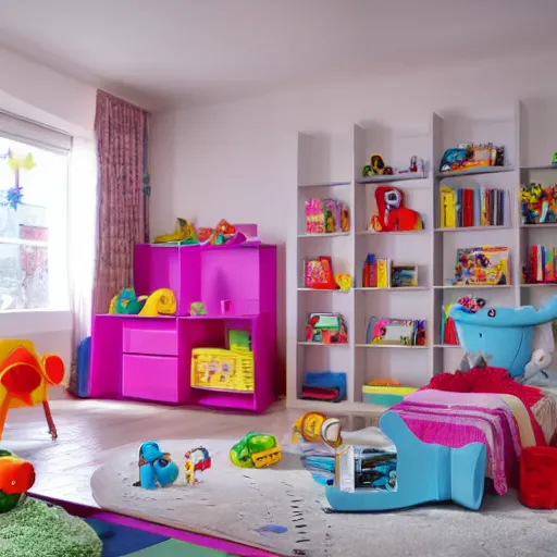 Prompt: colorful children ’ s bedroom with toys