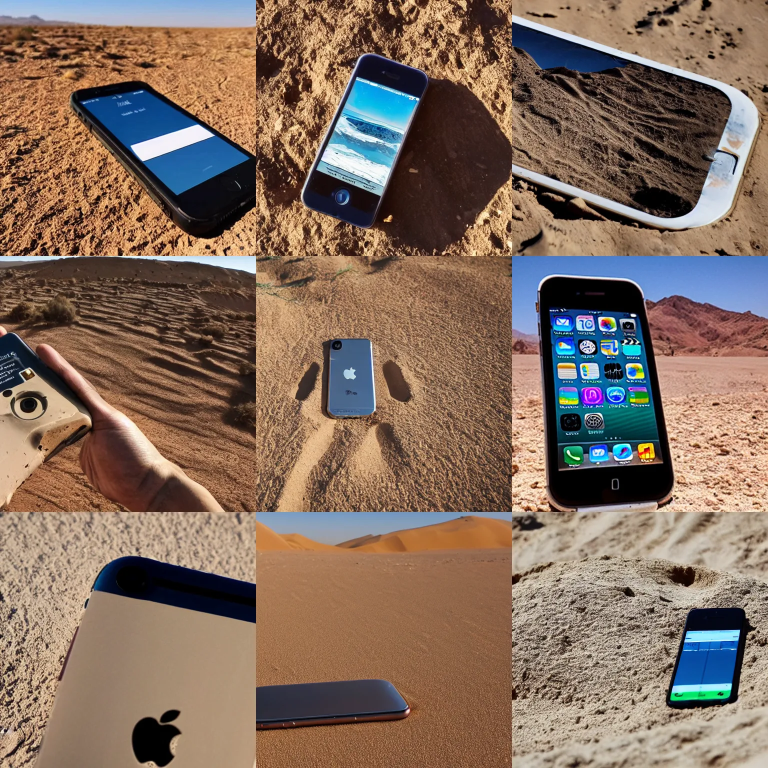 Prompt: An old iPhone discovered buried in the desert