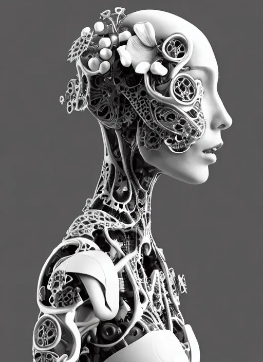 Image similar to black and white 3 d model, biomechanical female cyborg with porcelain profile face and a big floral eye, big leaves foliage and stems, morning glory flowers, hibiscus flowers, boho floral vines, sinuous fine roots, fine filigree foliage lace, alexander mcqueen, rim light, art nouveau fashion pearl embroidered, steampunk, redshift render, 8 k